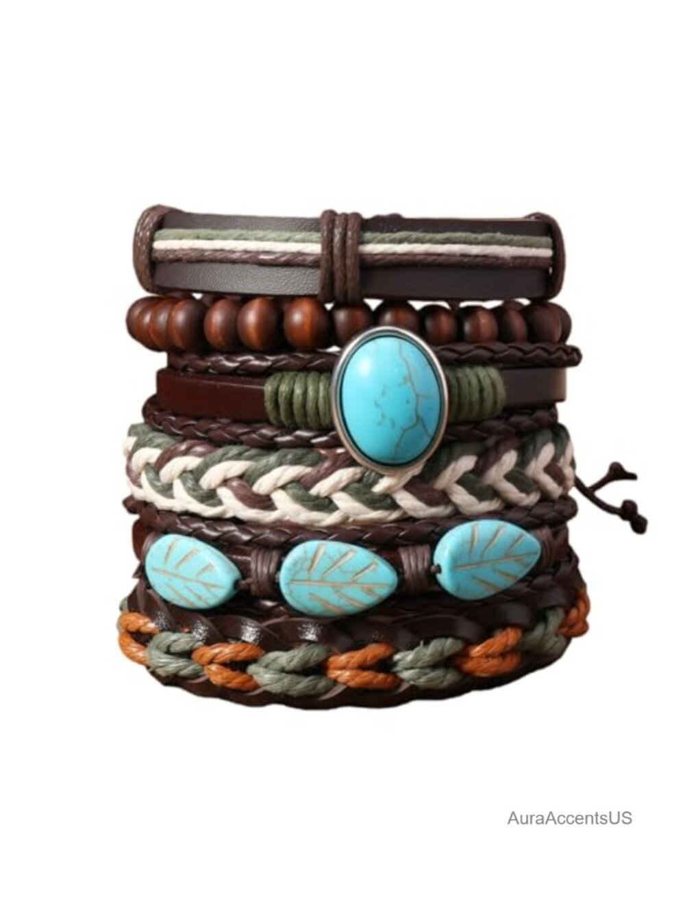 Boho Turquoise Leather Wrap Bracelet Multilayer Stack Adjustable Cuff Unisex